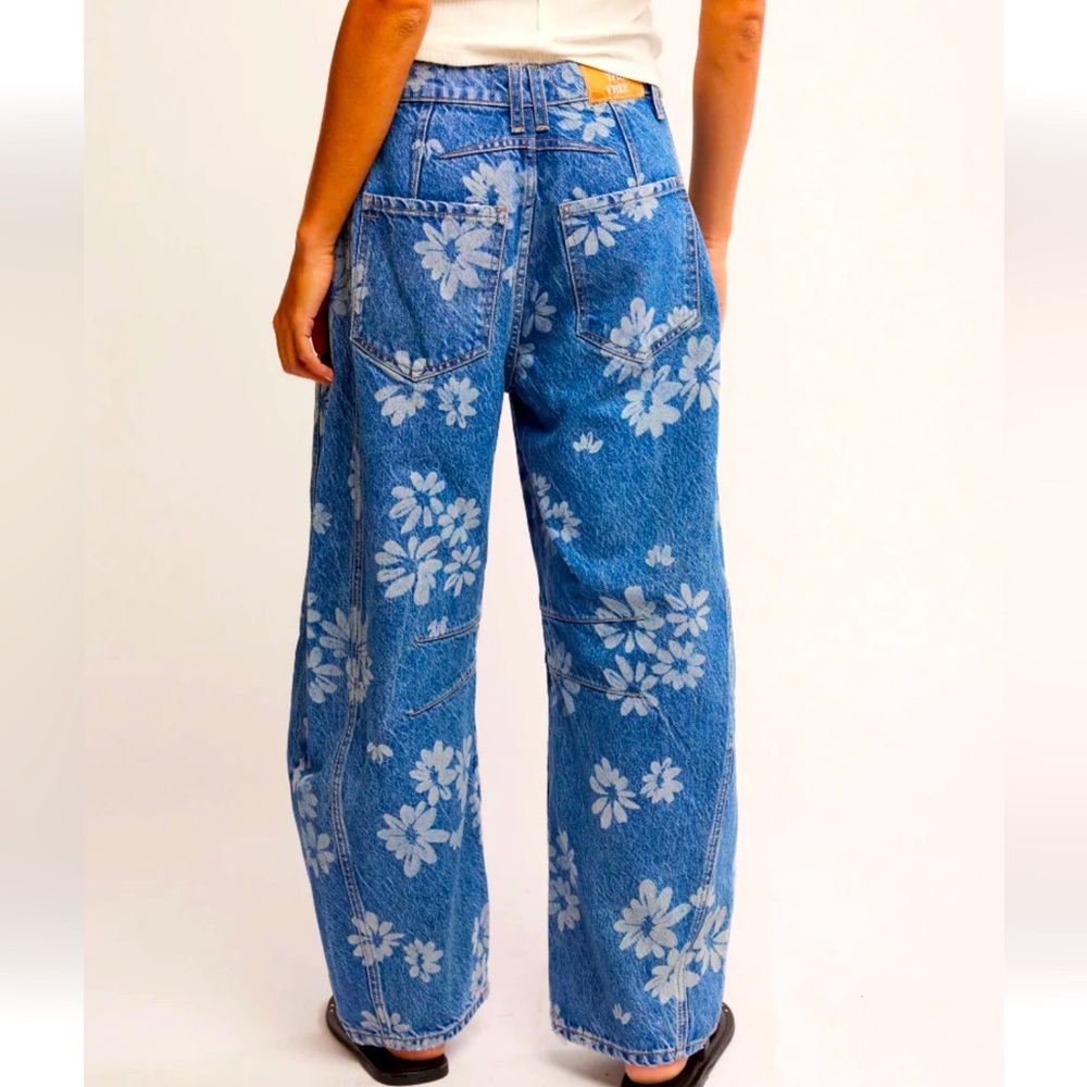 Free People Denim Wide Leg Jeans with Light Floral Print - Picture 2 of 6